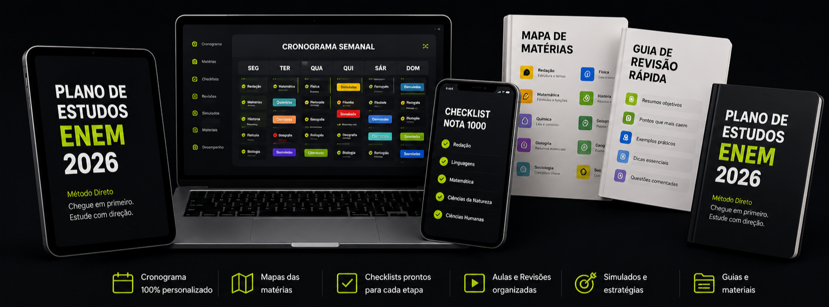 Sistema Aprova Direto — notebook, tablet e celular mostrando cronograma e checklist, com capas do material